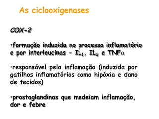 As ciclooxigenases
COX-2
•formação induzida no processo inflamatório
e por interleucinas - IL1, IL2 e TNF
•responsável pela inflamação (induzida por
gatilhos inflamatórios como hipóxia e dano
de tecidos)
•prostaglandinas que medeiam inflamação,
dor e febre
 