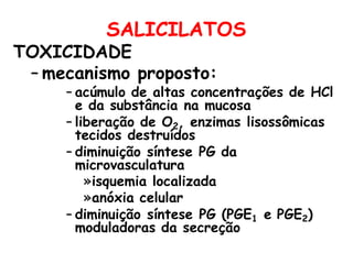 SALICILATOS
TOXICIDADE
– mecanismo proposto:
– acúmulo de altas concentrações de HCl
e da substância na mucosa
– liberação de O2, enzimas lisossômicas
tecidos destruídos
– diminuição síntese PG da
microvasculatura
»isquemia localizada
»anóxia celular
– diminuição síntese PG (PGE1 e PGE2)
moduladoras da secreção
 