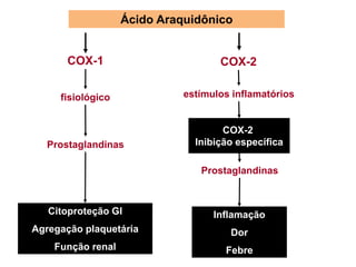 Ácido Araquidônico
COX-1
Prostaglandinas
Citoproteção GI
Agregação plaquetária
Função renal
COX-2
Prostaglandinas
Inflamação
Dor
Febre
COX-2
Inibição específica
fisiológico estímulos inflamatórios
 