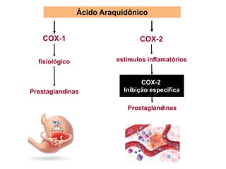 Ácido Araquidônico
COX-1
Prostaglandinas
COX-2
Prostaglandinas
COX-2
Inibição específica
fisiológico estímulos inflamatórios
 