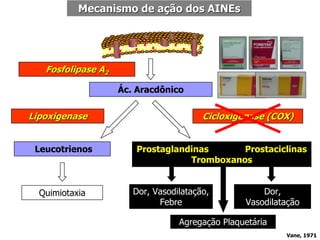 Mecanismo de ação dos AINEs
Fosfolipase A2
Ác. Aracdônico
Cicloxigenase (COX)
Lipoxigenase
Leucotrienos Prostaglandinas Prostaciclinas
Tromboxanos
Quimiotaxia Dor, Vasodilatação,
Febre
Dor,
Vasodilatação
Agregação Plaquetária
Vane, 1971
 
