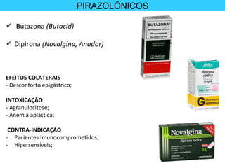 EFEITOS COLATERAIS
- Desconforto epigástrico;
INTOXICAÇÃO
- Agranulocitose;
- Anemia aplástica;
CONTRA-INDICAÇÃO
- Pacientes imunocomprometidos;
- Hipersensíveis;
PIRAZOLÔNICOS
 Butazona (Butacid)
 Dipirona (Novalgina, Anador)
 