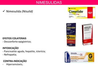EFEITOS COLATERAIS
- Desconforto epigástrico;
INTOXICAÇÃO
- Pancreatite aguda, hepatite, icterícia;
- Nefropatia;
CONTRA-INDICAÇÃO
- Hipersensíveis;
 Nimesulida (Nisulid)
NIMESULIDAS
 