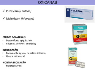 EFEITOS COLATERAIS
- Desconforto epigástrico;
- náuseas, vômitos, anorexia;
INTOXICAÇÃO
- Pancreatite aguda, hepatite, icterícia;
- Úlcera estomacal;
CONTRA-INDICAÇÃO
- Hipersensíveis;
OXICANAS
 Piroxicam (Feldene)
 Meloxicam (Movatec)
 
