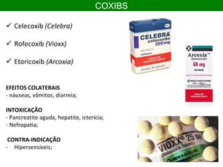 EFEITOS COLATERAIS
- náuseas, vômitos, diarreia;
INTOXICAÇÃO
- Pancreatite aguda, hepatite, icterícia;
- Nefropatia;
CONTRA-INDICAÇÃO
- Hipersensíveis;
COXIBS
 Celecoxib (Celebra)
 Rofecoxib (Vioxx)
 Etoricoxib (Arcoxia)
 