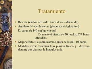 Tratamiento Rescate (carbón activado: única dosis – discutido) Antídoto: N-acetilcisteína (precursor del glutation) D. carga de 140 mg/kg. vía oral D. mantenimiento de 70 mg/kg. C/4 horas /tres días.   Mejor efecto si es administrado antes de las 8 – 10 horas. Medidas extra: vitamina k o plasma fresco y  dextrosa durante dos días por la hipoglucemia. 