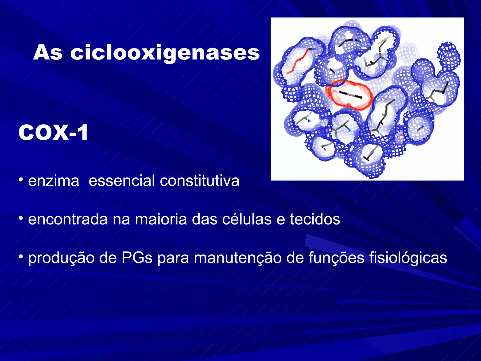 As ciclooxigenases COX-1  enzima  essencial constitutiva  encontrada na maioria das células e tecidos produção de PGs para manutenção de funções fisiológicas 