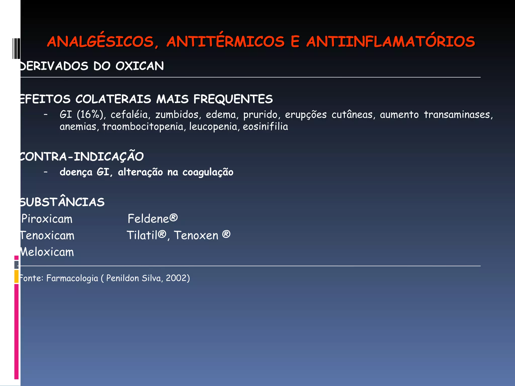 DERIVADOS DO OXICAN  EFEITOS COLATERAIS MAIS FREQUENTES  GI (16%), cefaléia, zumbidos, edema, prurido, erupções cutâneas, aumento transaminases, anemias, traombocitopenia, leucopenia, eosinifilia  CONTRA-INDICAÇÃO doença GI, alteração na coagulação SUBSTÂNCIAS  Piroxicam  Feldene® Tenoxicam  Tilatil®, Tenoxen ® Meloxicam Fonte: Farmacologia ( Penildon Silva, 2002) ANALGÉSICOS, ANTITÉRMICOS E ANTIINFLAMATÓRIOS 