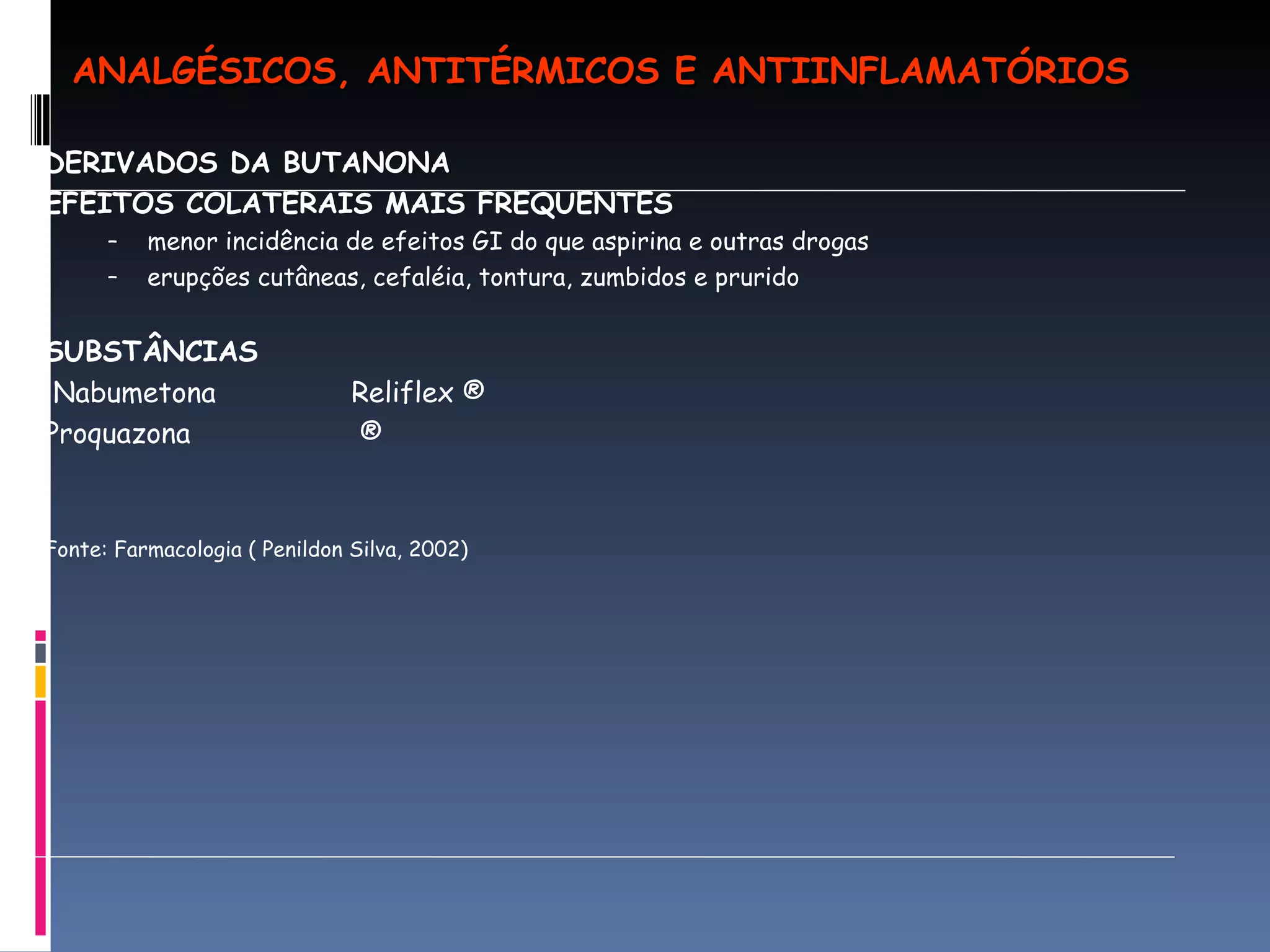 DERIVADOS DA BUTANONA EFEITOS COLATERAIS MAIS FREQUENTES  menor incidência de efeitos GI do que aspirina e outras drogas erupções cutâneas, cefaléia, tontura, zumbidos e prurido  SUBSTÂNCIAS  Nabumetona  Reliflex ® Proquazona  ® Fonte: Farmacologia ( Penildon Silva, 2002) ANALGÉSICOS, ANTITÉRMICOS E ANTIINFLAMATÓRIOS 