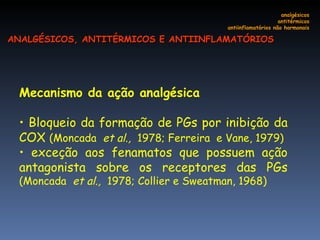 Mecanismo da ação analgésica Bloqueio da formação de PGs por inibição da COX  (Moncada  et al.,  1978; Ferreira  e Vane, 1979) exceção aos fenamatos que possuem ação antagonista sobre os receptores das PGs  (Moncada  et al.,  1978; Collier e Sweatman, 1968) analgésicos antitérmicos antiinflamatórios não hormonais ANALGÉSICOS, ANTITÉRMICOS E ANTIINFLAMATÓRIOS 