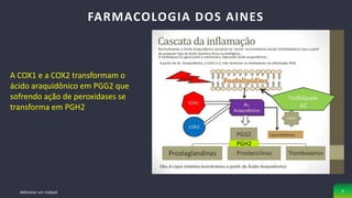 FARMACOLOGIA DOS AINES
Adicionar um rodapé 9
A COX1 e a COX2 transformam o
ácido araquidônico em PGG2 que
sofrendo ação de peroxidases se
transforma em PGH2
PGH2
 