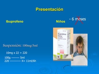 Presentación
Ibuprofeno Niños
Suspensión: 100mg/5ml
- 6 meses
10mg x 22 = 220
100g -------- 5ml
220 ----------- X= 11ml/6h
 