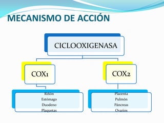 MECANISMO DE ACCIÓN

               CICLOOXIGENASA


    COX1                   COX2

       Riñón                Placenta...