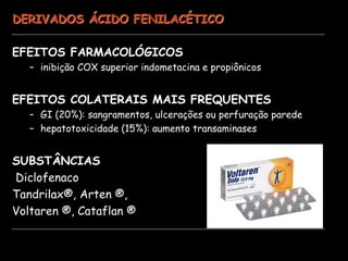 DERIVADOS ÁCIDO FENILACÉTICO
EFEITOS FARMACOLÓGICOS
– inibição COX superior indometacina e propiônicos
EFEITOS COLATERAIS MAIS FREQUENTES
– GI (20%): sangramentos, ulcerações ou perfuração parede
– hepatotoxicidade (15%): aumento transaminases
SUBSTÂNCIAS
Diclofenaco
Tandrilax®, Arten ®,
Voltaren ®, Cataflan ®
 