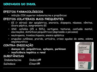 DERIVADOS DO INDOL
EFEITOS FARMACOLÓGICOS
– inibição COX superior indometacina e propiônicos
EFEITOS COLATERAIS MAIS FREQUENTES
– GI (+ sérios): dor epigástrica, anorexia, dispepsia, náuseas, vômitos,
úlcera péptica, sangramento GI
– SNC: cefaléia (25 a 50%), vertigens, tonturas, confusão mental,
alucinações, distúrbios psiquiátricos (depressão e psicoses)
– neutropenia, trombocitopenia, anemia aplástica
– erupções cutâneas, prurido, urticária, crises agudas de asma, edema
angioneurótico
CONTRA-INDICAÇÃO
– doenças GI, psiquiátricas, epilepsia, parkinson
– insuficiência hepática e renal
SUBSTÂNCIAS
Indometacina Indocid®
Sulindaco Clinoril®
 