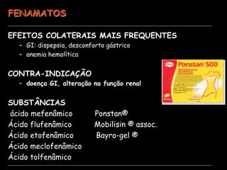 FENAMATOS
EFEITOS COLATERAIS MAIS FREQUENTES
– GI: dispepsia, desconforto gástrico
– anemia hemolítica
CONTRA-INDICAÇÃO
– doença GI, alteração na função renal
SUBSTÂNCIAS
ácido mefenâmico Ponstan®
Ácido flufenâmico Mobilisin ® assoc.
Ácido etofenâmico Bayro-gel ®
Ácido meclofenâmico
Ácido tolfenâmico
 
