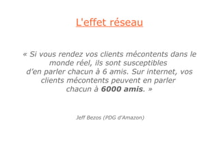 L'effet réseau


« Si vous rendez vos clients mécontents dans le
        monde réel, ils sont susceptibles
 d’en parler chacun à 6 amis. Sur internet, vos
     clients mécontents peuvent en parler
             chacun à 6000 amis. »


              Jeff Bezos (PDG d'Amazon)
 