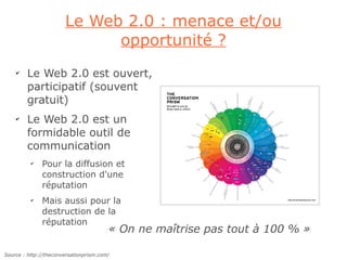 Le Web 2.0 : menace et/ou
                             opportunité ?
    ✔
        Le Web 2.0 est ouvert,
        participatif (souvent
        gratuit)
    ✔
        Le Web 2.0 est un
        formidable outil de
        communication
          ✔
              Pour la diffusion et
              construction d'une
              réputation
          ✔
              Mais aussi pour la
              destruction de la
              réputation
                                        « On ne maîtrise pas tout à 100 % »

Source : http://theconversationprism.com/
 