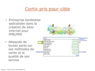 Cortix pris pour cible

      ✔
           Entreprise bordelaise
           spécialisée dans la
           création de sites
           internet pour
           PME/PMI

      ✔
          Attaquée de
          toutes parts sur
          ses méthodes de
          vente et la
          qualité de son
          service


Source : http://www.identiteweb.fr/
 
