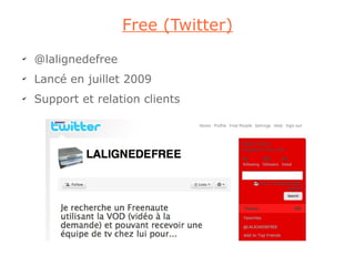 Free (Twitter)
✔
    @lalignedefree
✔
    Lancé en juillet 2009
✔
    Support et relation clients
 