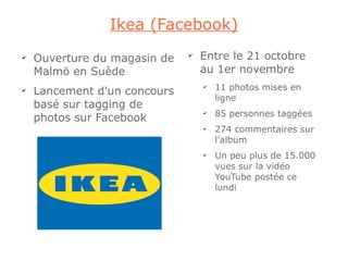 Ikea (Facebook)
✔
    Ouverture du magasin de   ✔
                                  Entre le 21 octobre
    Malmö en Suède                au 1er novembre
                                      11 photos mises en
    Lancement d'un concours
                                  ✔
✔
                                      ligne
    basé sur tagging de
                                      85 personnes taggées
    photos sur Facebook
                                  ✔


                                  ✔
                                      274 commentaires sur
                                      l’album
                                  ✔
                                      Un peu plus de 15.000
                                      vues sur la vidéo
                                      YouTube postée ce
                                      lundi
 