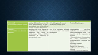 Lumiracoxib
(no autorizado en estados unidos)
Análogo del diclofenaco, es el de
mayor selectividad por la COX-2
que cualquier otro de los coxib, su
potencia es similar al naproxeno
100 a 200 mg para la artrosis
400 mg para el dolor agudo.
Toxicidad hepática grave
Parecoxib
(se comercializa en Alemania y
Australia)
Administración IM, se absorbe con
rapidez (15 min), se transforma en
valdecoxib, este último se
metaboliza por CYP3A4 y 2C9. Los
metabolitos de valdecoxib se
excretan por la orina
20 a 40 mg como polvo liofilizado
que se reconstituye con solución
salina estéril
Complicaciones vasculares
atribuibles son proporcionales al
riesgo cardiovascular inicial y a la
duración de la exposición al
fármaco
. Contraindicado en el tratamiento
del dolor consecutivo a
revascularización coronaria con
injerto
reacciones cutaneas
potencialmente
letales (p. ej., necrolisis
epidermica toxica, sindrome de
Stevens-
Johnson y eritema multiforme)
 