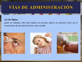 La Vía Tópica:
puede ser utilizada, sobre todo cuando sea necesario aplicar un anestésico local, con el
inconveniente de una absorción lenta y muy variable.
VÍAS DE ADMINISTRACIÓN
 