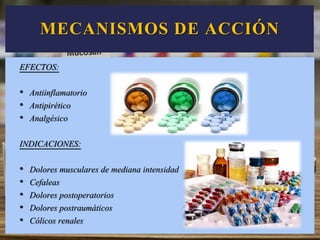 EFECTOS:
• Antiinflamatorio
• Antipirético
• Analgésico
INDICACIONES:
• Dolores musculares de mediana intensidad
• Cefaleas
• Dolores postoperatorios
• Dolores postraumáticos
• Cólicos renales
MECANISMOS DE ACCIÓN
 