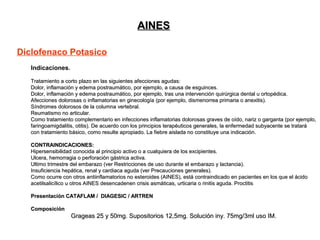 AINESAINES
Diclofenaco Potasico
Indicaciones.
Tratamiento a corto plazo en las siguientes afecciones agudas:Tratamiento a corto plazo en las siguientes afecciones agudas:
Dolor, inflamación y edema postraumático, por ejemplo, a causa de esguinces.Dolor, inflamación y edema postraumático, por ejemplo, a causa de esguinces.
Dolor, inflamación y edema postraumático, por ejemplo, tras una intervención quirúrgica dental u ortopédica.Dolor, inflamación y edema postraumático, por ejemplo, tras una intervención quirúrgica dental u ortopédica.
Afecciones dolorosas o inflamatorias en ginecología (por ejemplo, dismenorrea primaria o anexitis).Afecciones dolorosas o inflamatorias en ginecología (por ejemplo, dismenorrea primaria o anexitis).
Síndromes dolorosos de la columna vertebral.Síndromes dolorosos de la columna vertebral.
Reumatismo no articular.Reumatismo no articular.
Como tratamiento complementario en infecciones inflamatorias dolorosas graves de oído, nariz o garganta (por ejemplo,Como tratamiento complementario en infecciones inflamatorias dolorosas graves de oído, nariz o garganta (por ejemplo,
faringoamigdalitis, otitis). De acuerdo con los principios terapéuticos generales, la enfermedad subyacente se trataráfaringoamigdalitis, otitis). De acuerdo con los principios terapéuticos generales, la enfermedad subyacente se tratará
con tratamiento básico, como resulte apropiado. La fiebre aislada no constituye una indicación.con tratamiento básico, como resulte apropiado. La fiebre aislada no constituye una indicación.
CONTRAINDICACIONES:CONTRAINDICACIONES:
Hipersensibilidad conocida al principio activo o a cualquiera de los excipientes.Hipersensibilidad conocida al principio activo o a cualquiera de los excipientes.
Ulcera, hemorragia o perforación gástrica activa.Ulcera, hemorragia o perforación gástrica activa.
Ultimo trimestre del embarazo (ver Restricciones de uso durante el embarazo y lactancia).Ultimo trimestre del embarazo (ver Restricciones de uso durante el embarazo y lactancia).
Insuficiencia hepática, renal y cardiaca aguda (ver Precauciones generales).Insuficiencia hepática, renal y cardiaca aguda (ver Precauciones generales).
Como ocurre con otros antiinflamatorios no esteroides (AINES), está contraindicado en pacientes en los que el ácidoComo ocurre con otros antiinflamatorios no esteroides (AINES), está contraindicado en pacientes en los que el ácido
acetilsalicílico u otros AINES desencadenen crisis asmáticas, urticaria o rinitis aguda. Proctitisacetilsalicílico u otros AINES desencadenen crisis asmáticas, urticaria o rinitis aguda. Proctitis
Presentación CATAFLAM / DIAGESIC / ARTRENPresentación CATAFLAM / DIAGESIC / ARTREN
ComposiciónComposición
Grageas 25 y 50mg. Supositorios 12,5mg. Solución iny. 75mg/3ml uso IM.Grageas 25 y 50mg. Supositorios 12,5mg. Solución iny. 75mg/3ml uso IM.
 