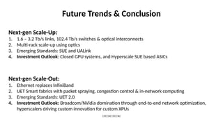 Future Trends & Conclusion
Next-gen Scale-Out:
1. Ethernet replaces InfiniBand
2. UET Smart fabrics with packet spraying, congestion control & in-network computing
3. Emerging Standards: UET 2.0
4. Investment Outlook: Broadcom/NVidia domination through end-to-end network optimization,
hyperscalers driving custom innovation for custom XPUs
[33] [34] [35] [36]
Next-gen Scale-Up:
1. 1.6 – 3.2 Tb/s links, 102.4 Tb/s switches & optical interconnects
2. Multi-rack scale-up using optics
3. Emerging Standards: SUE and UALink
4. Investment Outlook: Closed GPU systems, and Hyperscale SUE based ASICs
 