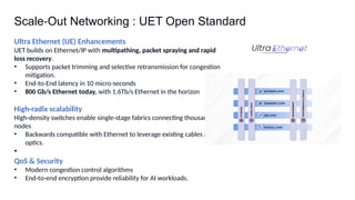 Scale Out Networking : UET Open Standard
‑
Ultra Ethernet (UE) Enhancements
UET builds on Ethernet/IP with multipathing, packet spraying and rapid
loss recovery.
• Supports packet trimming and selective retransmission for congestion
mitigation.
• End-to-End latency in 10 micro-seconds
• 800 Gb/s Ethernet today, with 1.6Tb/s Ethernet in the horizon
High radix scalability
‑
High density switches enable single stage fabrics connecting thousands of
‑ ‑
nodes
• Backwards compatible with Ethernet to leverage existing cables and
optics.
•
QoS & Security
• Modern congestion control algorithms
• End to end encryption provide reliability for AI workloads.
‑ ‑
 