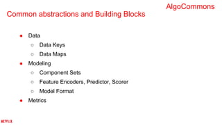 Common abstractions and Building Blocks
● Data
○ Data Keys
○ Data Maps
● Modeling
○ Component Sets
○ Feature Encoders, Pre...