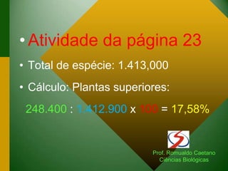 •Atividade da página 23
• Total de espécie: 1.413,000
• Cálculo: Plantas superiores:
248.400 : 1.412.900 x 100 = 17,58%
Prof. Romualdo Caetano
Ciências Biológicas
 