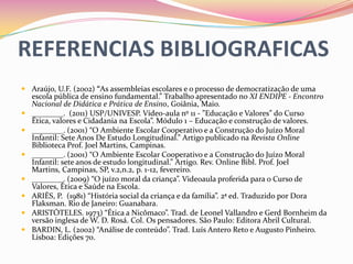 REFERENCIAS BIBLIOGRAFICAS
 Araújo, U.F. (2002) “As assembleias escolares e o processo de democratização de uma
  escola pública de ensino fundamental.” Trabalho apresentado no XI ENDIPE - Encontro
  Nacional de Didática e Prática de Ensino, Goiânia, Maio.
 ________. (2011) USP/UNIVESP. Vídeo-aula nº 11 - ”Educação e Valores” do Curso
  Ética, valores e Cidadania na Escola”. Módulo 1 – Educação e construção de valores.
 ________. (2001) “O Ambiente Escolar Cooperativo e a Construção do Juízo Moral
  Infantil: Sete Anos De Estudo Longitudinal.” Artigo publicado na Revista Online
  Biblioteca Prof. Joel Martins, Campinas.
 ________. (2001) “O Ambiente Escolar Cooperativo e a Construção do Juízo Moral
  Infantil: sete anos de estudo longitudinal.” Artigo. Rev. Online Bibl. Prof. Joel
  Martins, Campinas, SP, v.2,n.2, p. 1-12, fevereiro.
 ________. (2009) “O juízo moral da criança”. Videoaula proferida para o Curso de
  Valores, Ética e Saúde na Escola.
 ARIÈS, P. (1981) “História social da criança e da família”. 2ª ed. Traduzido por Dora
  Flaksman. Rio de Janeiro: Guanabara.
 ARISTÓTELES. 1973) “Ética a Nicômaco”. Trad. de Leonel Vallandro e Gerd Bornheim da
  versão inglesa de W. D. Rosá. Col. Os pensadores. São Paulo: Editora Abril Cultural.
 BARDIN, L. (2002) “Análise de conteúdo”. Trad. Luís Antero Reto e Augusto Pinheiro.
  Lisboa: Edições 70.
 