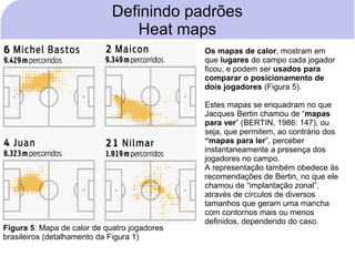 Definindo padrões
                                Heat maps
                                              Os mapas de calor, mostram em
                                              que lugares do campo cada jogador
                                              ficou, e podem ser usados para
                                              comparar o posicionamento de
                                              dois jogadores (Figura 5).

                                              Estes mapas se enquadram no que
                                              Jacques Bertin chamou de “mapas
                                              para ver” (BERTIN, 1986: 147), ou
                                              seja, que permitem, ao contrário dos
                                              “mapas para ler”, perceber
                                              instantaneamente a presença dos
                                              jogadores no campo.
                                              A representação também obedece às
                                              recomendações de Bertin, no que ele
                                              chamou de “implantação zonal”,
                                              através de círculos de diversos
                                              tamanhos que geram uma mancha
                                              com contornos mais ou menos
                                              definidos, dependendo do caso.
Figura 5: Mapa de calor de quatro jogadores
brasileiros (detalhamento da Figura 1)
 