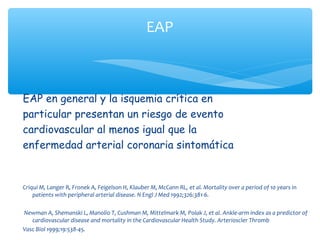 EAP



EAP en general y la isquemia crítica en
particular presentan un riesgo de evento
cardiovascular al menos igual que la
enfermedad arterial coronaria sintomática


Criqui M, Langer R, Fronek A, Feigelson H, Klauber M, McCann RL, et al. Mortality over a period of 10 years in
    patients with peripheral arterial disease. N Engl J Med 1992;326:381-6.

Newman A, Shemanski L, Manolio T, Cushman M, Mittelmark M, Polak J, et al. Ankle-arm index as a predictor of
   cardiovascular disease and mortality in the Cardiovascular Health Study. Arterioscler Thromb
Vasc Biol 1999;19:538-45.
 