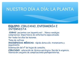 NUESTRO DÍA A DÍA: LA PLANTA


EQUIPO: CIRUJANO, ENFERMERÍA E
INTERNISTA
CURAS: pacientes con isquemia eeii . Nunca vendajes
compresivos. Importancia de enfermería especializada.
Ver todos los días las lesiones.
Toma de cultivos
INCIDENCIAS MÉDICAS: rápida detección, tratamiento y
seguimiento
Disminución del nº de hojas de consulta.
CIRUJANO: valoración de técnica quirúrgica. Decide la urgencia.
Valoración conjunta de complicaciones postoperatorias.
 