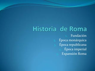 Historia  de Roma Fundación Época monárquica Época republicana Época imperial Expansión Roma 
