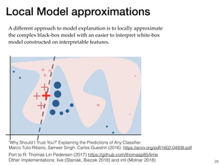 !29
Local Model approximations
"Why Should I Trust You?" Explaining the Predictions of Any Classiﬁer.
Marco Tulio Ribeiro, Sameer Singh, Carlos Guestrin (2016). https://arxiv.org/pdf/1602.04938.pdf
Port to R: Thomas Lin Pedersen (2017) https://github.com/thomasp85/lime
Other implementations: live (Staniak, Biecek 2018) and iml (Molnar 2018)
A different approach to model explanation is to locally approximate
the complex black-box model with an easier to interpret white-box
model constructed on interpretable features.
 
