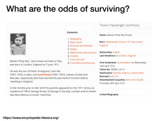 https://www.encyclopedia-titanica.org/
What are the odds of surviving?
 