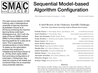 Sequential Model-based
Algorithm Conﬁguration
The open-source solution of AAD
Freiburg uses a heterogeneous
ensemble of learning machines
(AutoSklearn (Feurer et al.,
2015a,c)) combining the machine
learning library scikit-learn
(Pedregosa et al., 2011) with the
state-of-the-art SMBO method
SMAC to ﬁnd suitable machine
learning pipelines for a data set at
hand. This is essentially a
reimplementation of Auto-WEKA.
To speed up the optimization
process they employed a
metalearning technique (Feurer et
al., 2015b) which starts SMAC
from promising conﬁgurations of
scikit-learn. Furthermore, they
used the outputs of all models and
combined these into an ensemble
using ensemble selection.
 