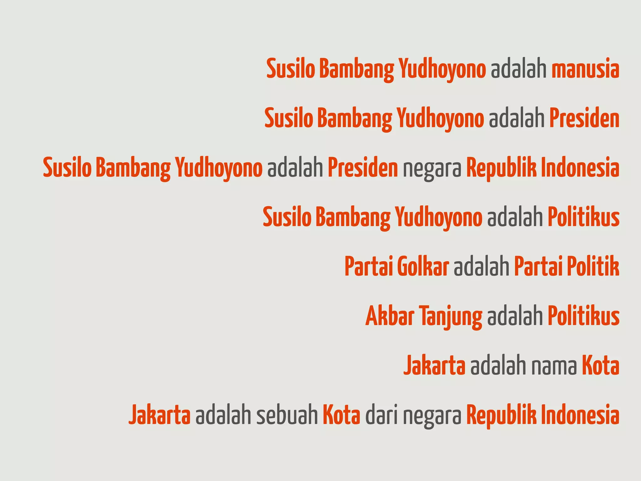 Susilo Bambang Yudhoyono adalah manusia
                         Susilo Bambang Yudhoyono adalah Presiden
Susilo Bambang Yudhoyono adalah Presiden negara Republik Indonesia
                         Susilo Bambang Yudhoyono adalah Politikus
                                  Partai Golkar adalah Partai Politik
                                    Akbar Tanjung adalah Politikus
                                         Jakarta adalah nama Kota
         Jakarta adalah sebuah Kota dari negara Republik Indonesia
 