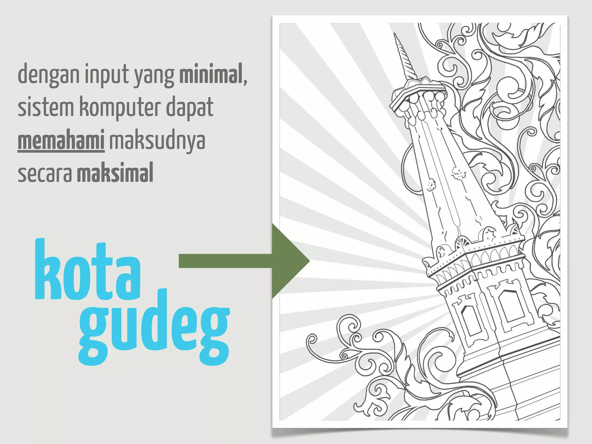 dengan input yang minimal,
sistem komputer dapat
memahami maksudnya
secara maksimal



 kota
   gudeg        →
 