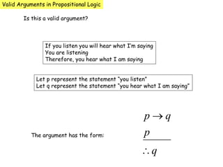 If you listen you will hear what I’m saying
You are listening
Therefore, you hear what I am saying
Valid Arguments in Propositional Logic
Is this a valid argument?
Let p represent the statement “you listen”
Let q represent the statement “you hear what I am saying”
The argument has the form:
 