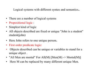 Logical systems with different syntax and semantics.
• There are a number of logical systems
• Propositional logic :
• Simplest kind of logic
• All objects described are fixed or unique "John is a student"
student(john)
• Here John refers to one unique person.
• First order predicate logic:
• Objects described can be unique or variables to stand for a
unique object .
• "All Men are mortal" For All(M) [Men(M) -> Mortal(M)]
• Here M can be replaced by many different unique Men.
 