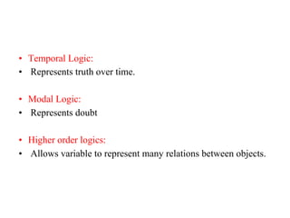 • Temporal Logic:
• Represents truth over time.
• Modal Logic:
• Represents doubt
• Higher order logics:
• Allows variable to represent many relations between objects.
 