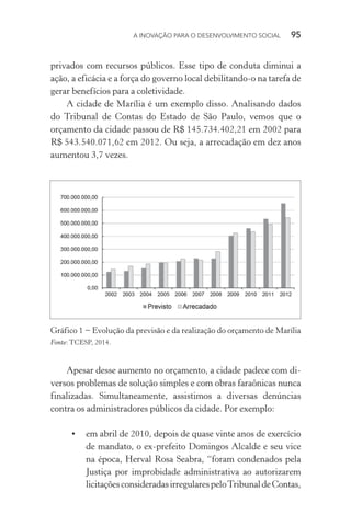 A INOVAÇÃO PARA O DESENVOLVIMENTO SOCIAL  95
privados com recursos públicos. Esse tipo de conduta diminui a
ação, a eficácia e a força do governo local debilitando-o na tarefa de
gerar benefícios para a coletividade.
A cidade de Marília é um exemplo disso. Analisando dados
do Tribunal de Contas do Estado de São Paulo, vemos que o
orçamento da cidade passou de R$ 145.734.402,21 em 2002 para
R$ 543.540.071,62 em 2012. Ou seja, a arrecadação em dez anos
aumentou 3,7 vezes.
Gráfico 1 − Evolução da previsão e da realização do orçamento de Marília
Fonte: TCESP, 2014.
Apesar desse aumento no orçamento, a cidade padece com di-
versos problemas de solução simples e com obras faraônicas nunca
finalizadas. Simultaneamente, assistimos a diversas denúncias
contra os administradores públicos da cidade. Por exemplo:
•	 em abril de 2010, depois de quase vinte anos de exercício
de mandato, o ex-prefeito Domingos Alcalde e seu vice
na época, Herval Rosa Seabra, “foram condenados pela
Justiça por improbidade administrativa ao autorizarem
licitaçõesconsideradasirregularespeloTribunaldeContas,
 