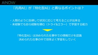 ・人間のように自律して状況に応じて考えることが出来る
・未経験でも自ら経験を積む（トライ&エラー）で学習する能力
「汎用AI」が「特化型AI」と異なるポイントは？
「特化型AI」は決められた仕事中での情報だけを認識
決められた仕事の中で効率よく学習をしていく
 