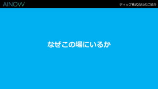 ディップ株式会社のご紹介
会 社 名
設 立
代 表 者
所 在 地
資 本 金
売 上 高
従 業 員
事 業 内 容
上 場 市 場
： ディップ株式会社
： 1997年3月（第20期）
： 代表取締役社長 兼 CEO 冨田 英揮
： 東京都港区六本木1-6-1
： 1,085百万円（2016年2月末時点）
： 26,798百万円（2016年2月期 非連結）
： 1,413名（2016年5月末時点の正社員）
： インターネットによる求人情報提供
： 東証一部（証券コード：2379）
なぜこの場にいるか
 