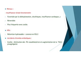  Rénaux :
- Insuffisance rénale fonctionnelle
• Favorisée par la déshydratation, diurétiques, insuffisance cardiaque…)
• Réversible
• Plus fréquente avec coxibs
 HTA :
• Rétention hydrosodée + carence en PGI 2
 Accidents thrombo-emboliques:
• Coxibs : diminution des PG vasodilatatrice et augmentation de la TXA2
proagrégante
 